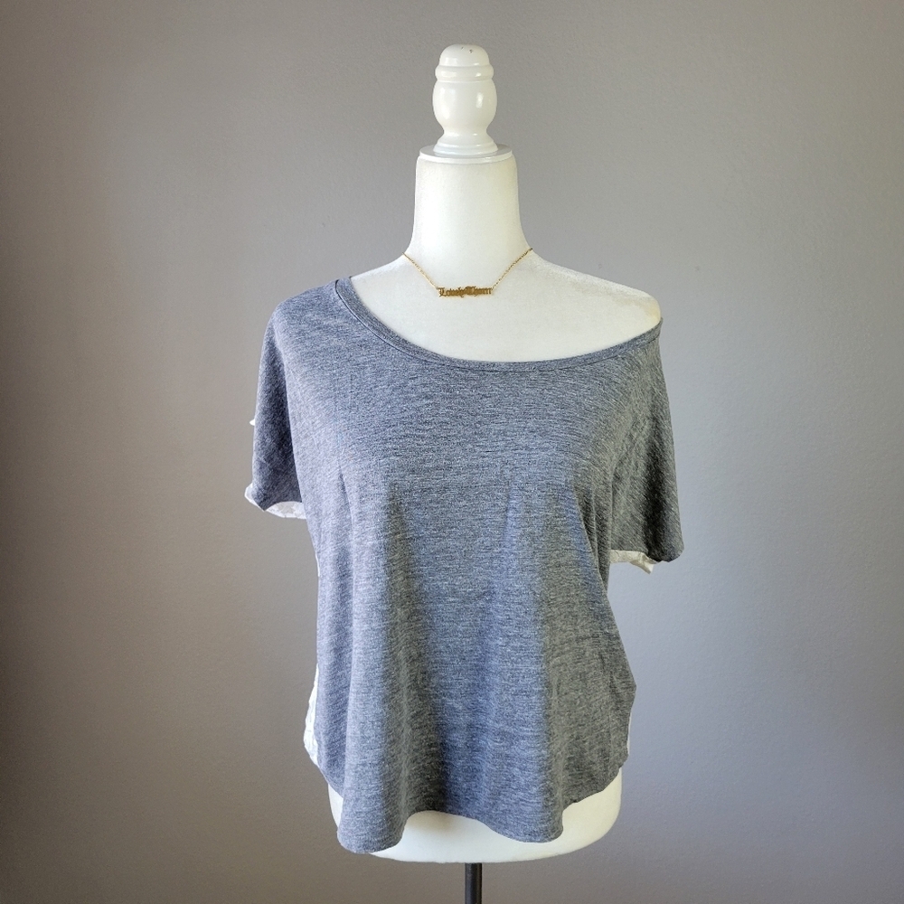 STYLEMINT // grey short sleeved relaxed fit off shoulder white lace back tee top